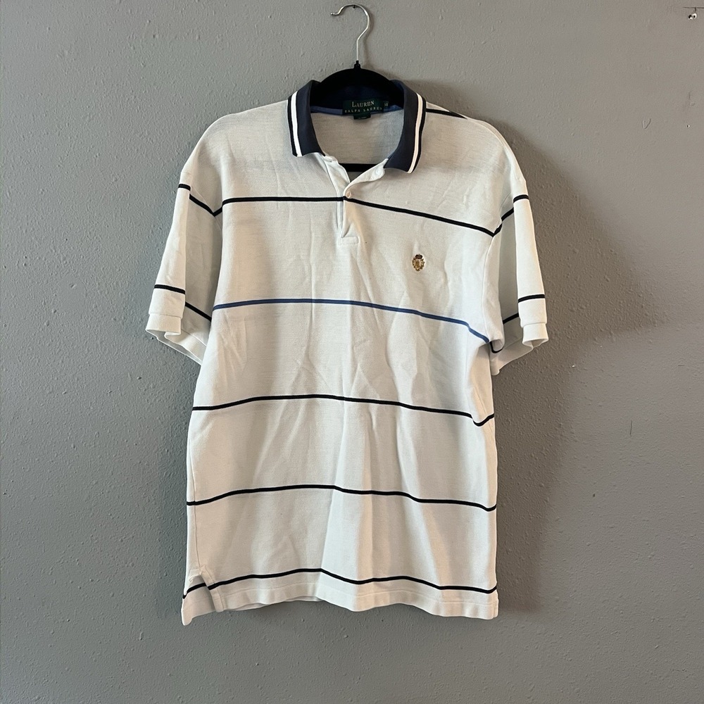 Lauren Ralph Lauren Men's Striped Polo Shirt White Navy Crest Size M Cotton